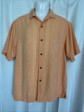 Tommy Bahama 100% Silk Camp Shirt Apricot Peach Jacquard Small